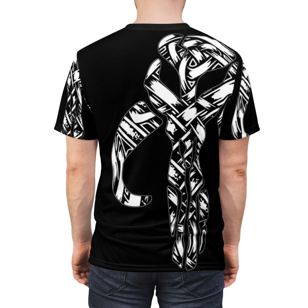 Skandilorian-inspired Mandalorian-style t-shirt featuring a mythosaur skull design - men back