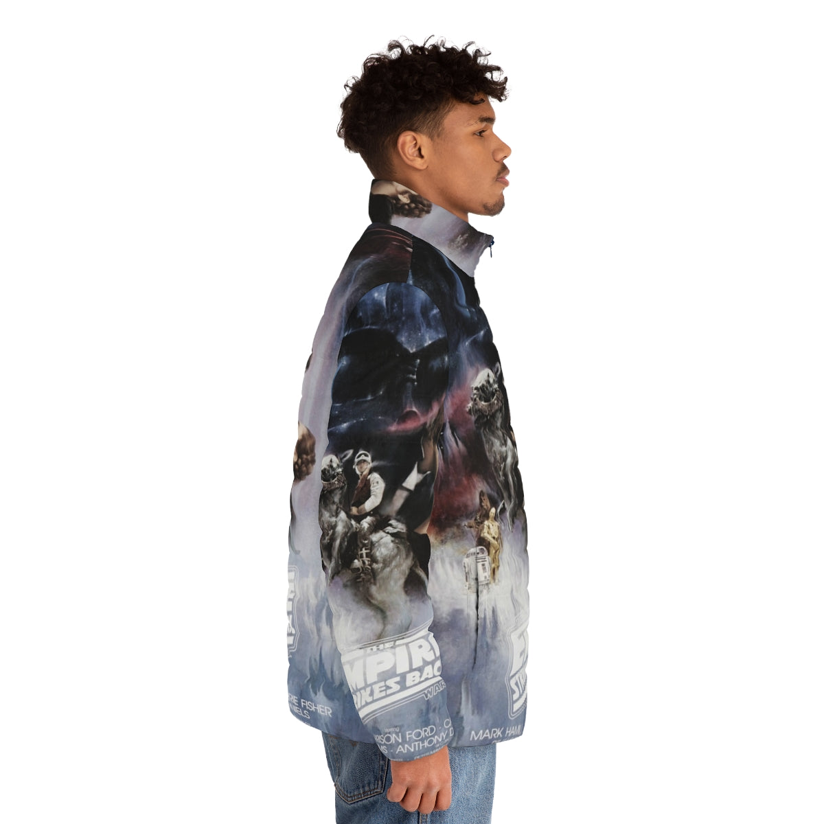 The Empire Strikes Back Movie Poster Puffer Jacket featuring the iconic Star Wars movie poster design - men side right