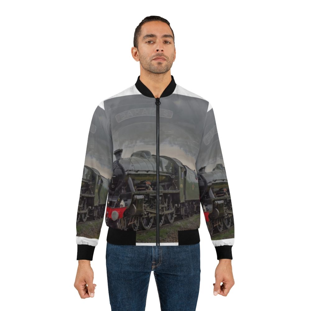 A stylish bomber jacket featuring a vintage steam train in the 'Bahamas' design. - Lifestyle