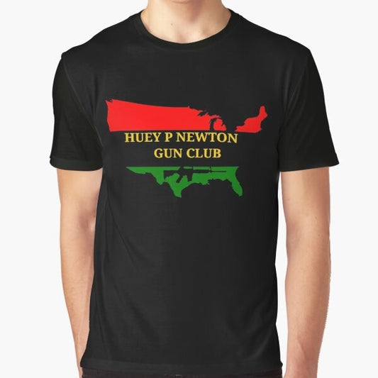 Graphic t-shirt featuring the portrait of Huey P. Newton, a prominent Black Panther Party leader and revolutionary activist.