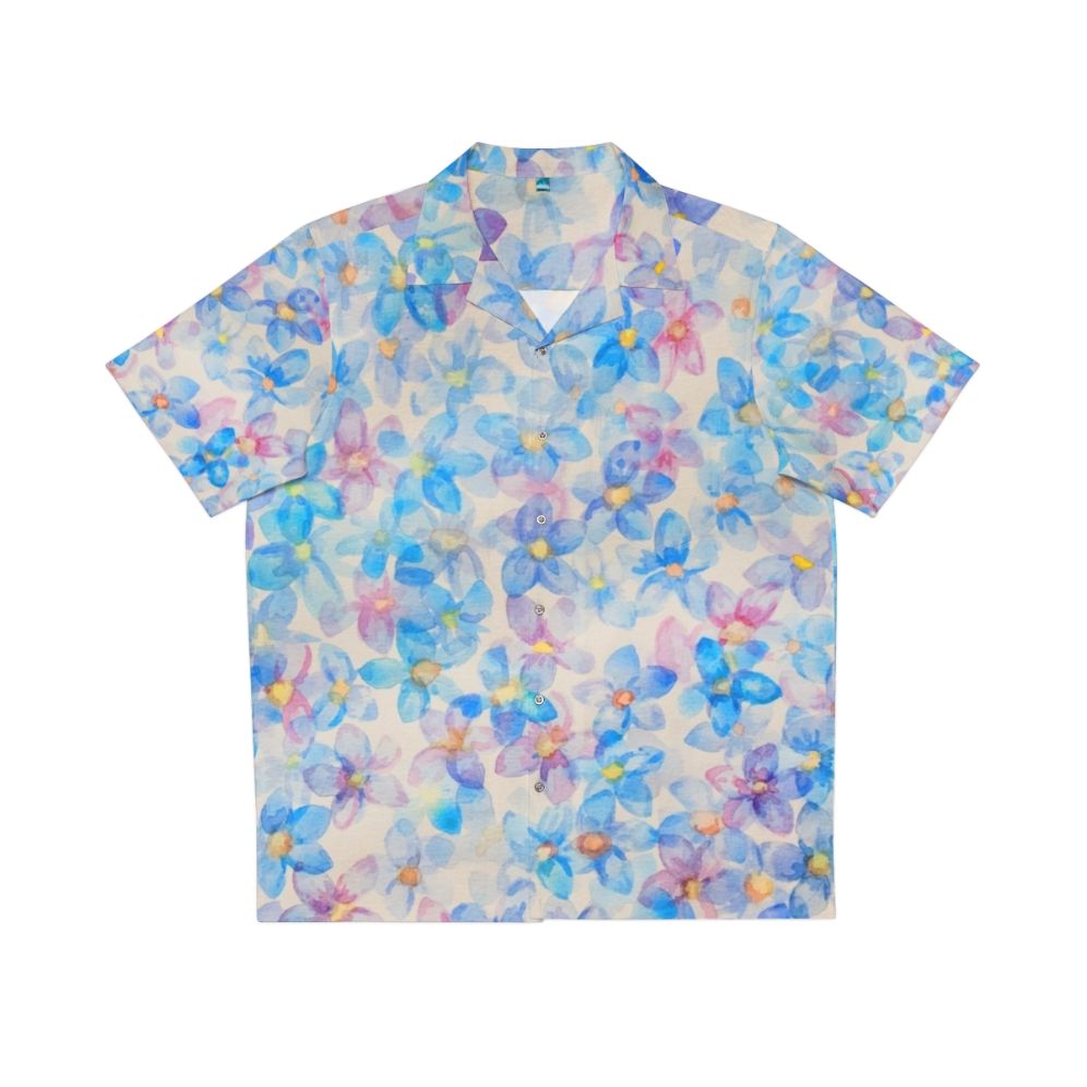 Blue watercolor flower buds painting on a Hawaiian shirt