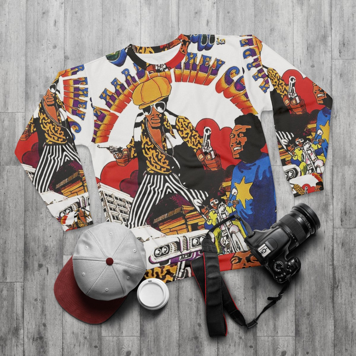 Skinhead sweatshirt inspired by the classic Jamaican music film "The Harder They Come" - flat lay