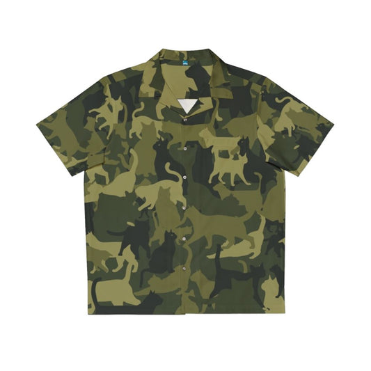 Cute cat wearing a Hawaiian-style shirt with a camouflage pattern