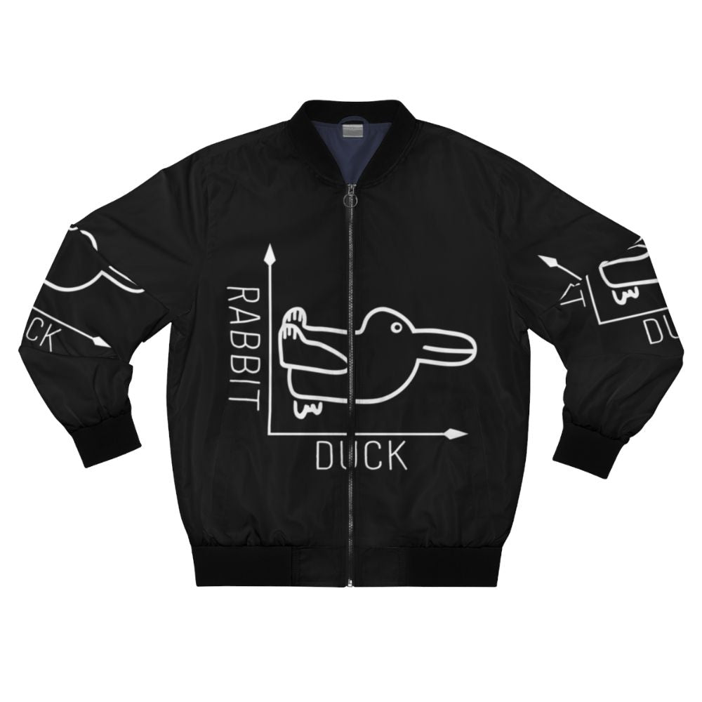 A bomber jacket featuring the famous Wittgenstein rabbit-duck illusion, representing the philosophical concept of perspective and language.