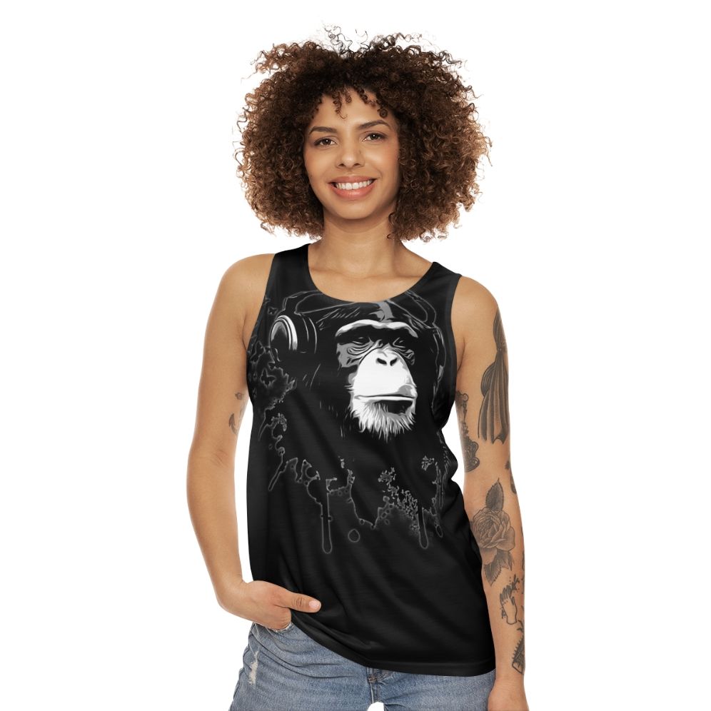 Monkey Business black unisex tank top with urban graffiti and butterfly design - women