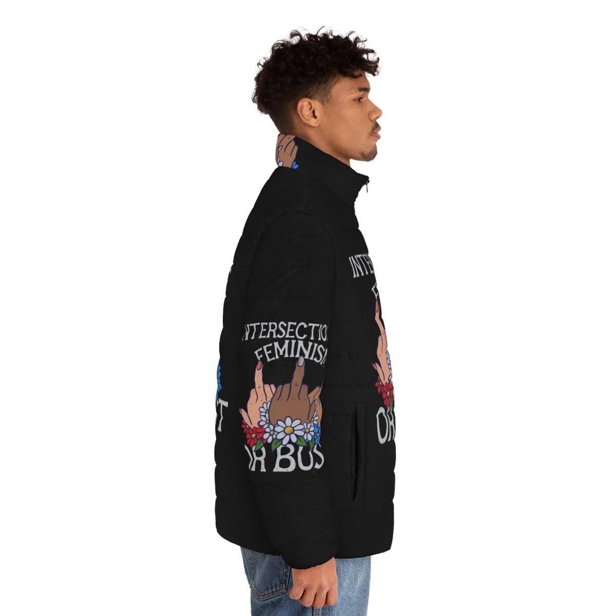 Woman wearing an intersectional feminist puffer jacket - men side right