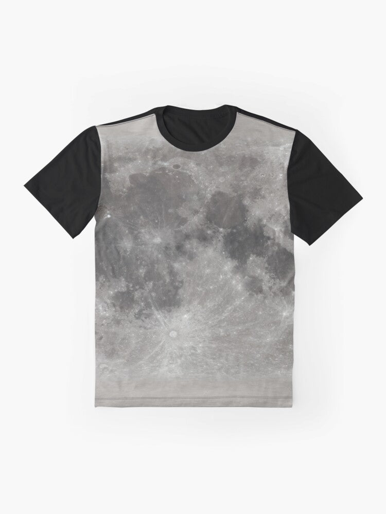 Graphic t-shirt design featuring a textured lunar surface with craters and the phrase "Da Moon" - Flat lay