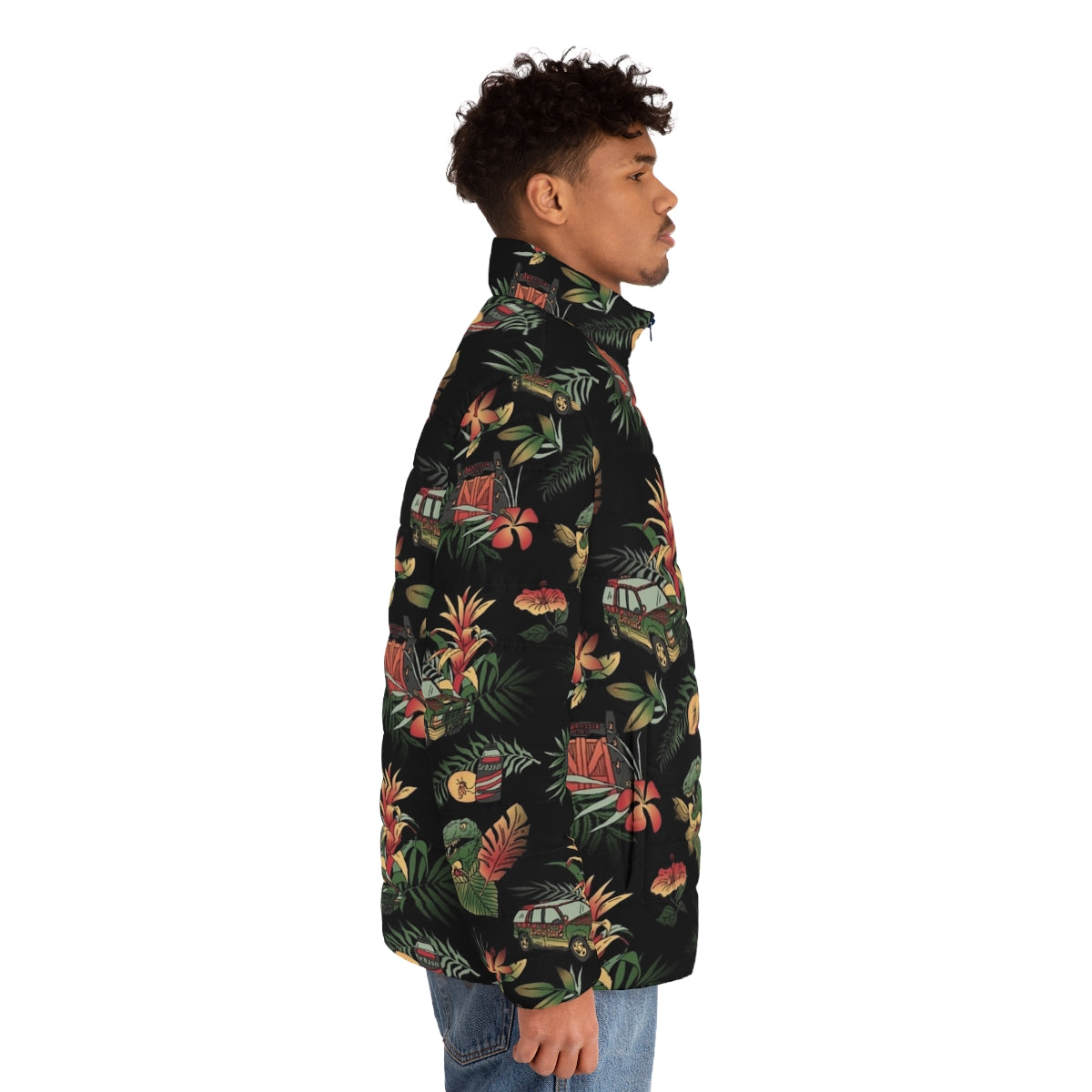 Classic Jurassic puffer jacket with floral dinosaur pattern - men side right