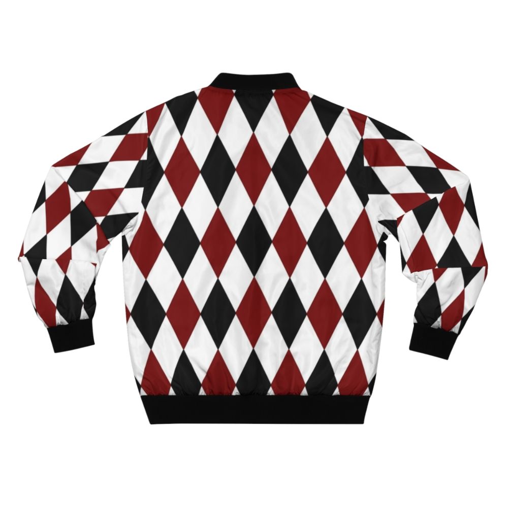 Black, white, and red harlequin diamond pattern bomber jacket - Back