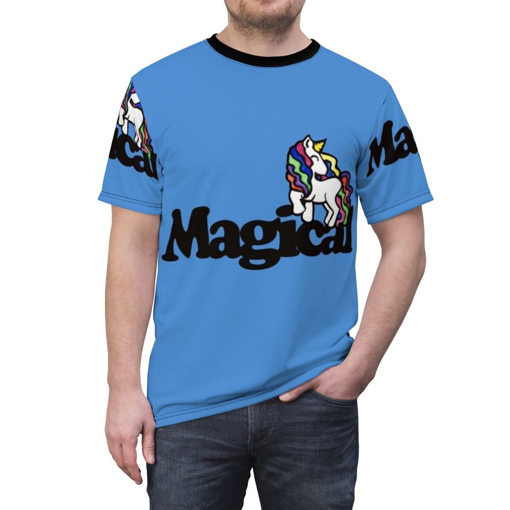 A colorful t-shirt featuring a whimsical and magical unicorn design with vibrant rainbow accents - men front