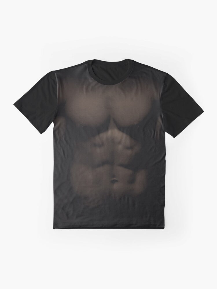 Muscular shirtless man with prominent pectorals and abdominals on a graphic t-shirt - Flat lay