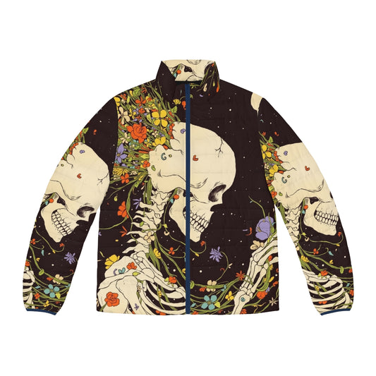 "I Thought Of The Life That Could Have Been" puffer jacket featuring a surreal, cosmic design with a skull and skeleton motif