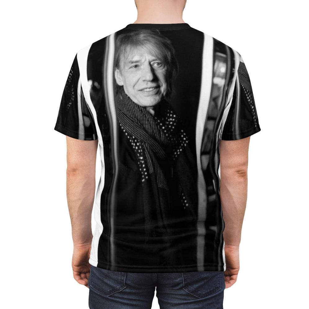 Black and white portrait of French musician Jean Louis Aubert printed on a high-quality t-shirt - men back