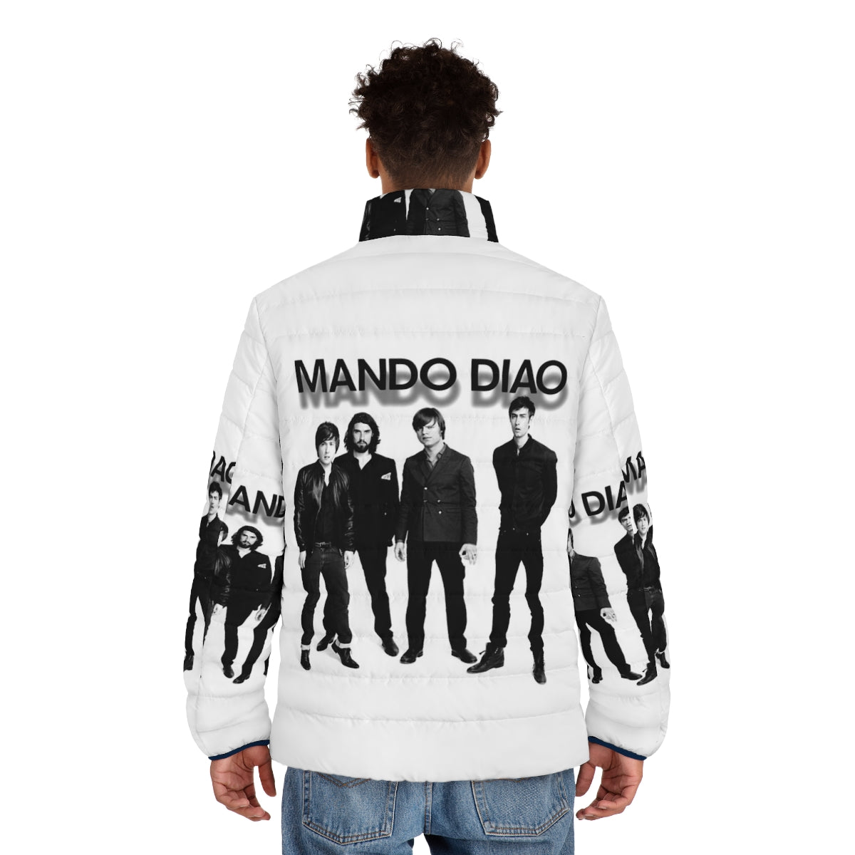 Mando Diao punk rock puffer jacket with band logo and comic book graphics - men back