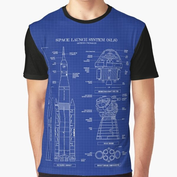 NASA Artemis SLS Rocket Graphic T-Shirt featuring a blueprint-style vertical design of the Space Launch System rocket.