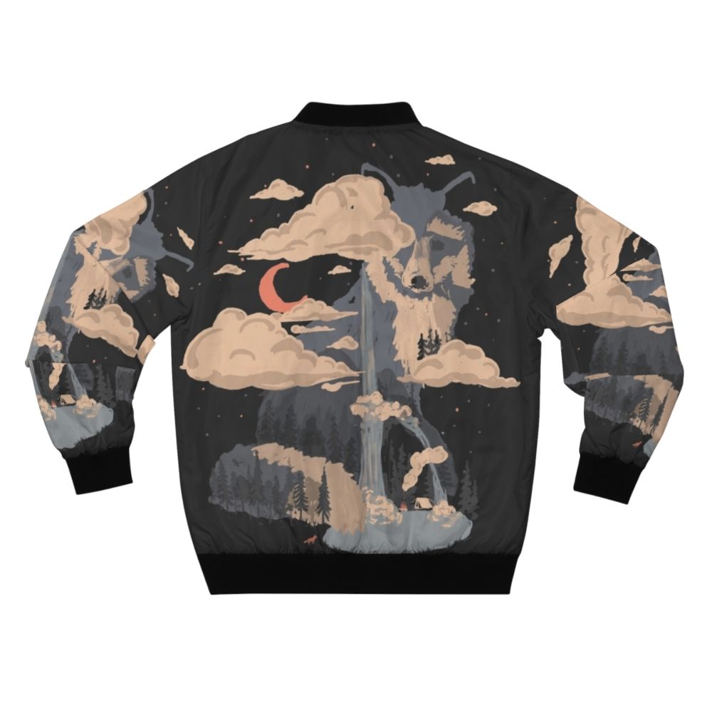 A bomber jacket featuring a nature-inspired design with mountains, wildlife, and a waterfall. - Back