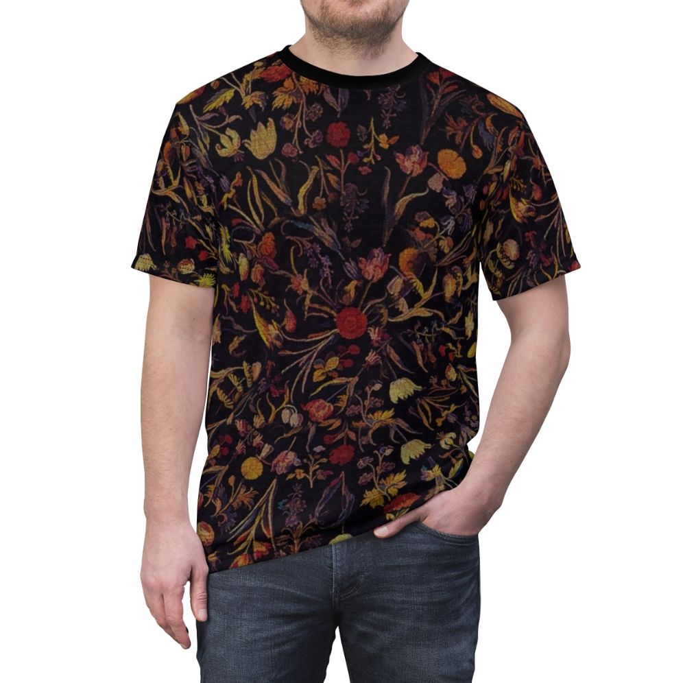 Enchanted midnight botanical floral print on a T-shirt - men front