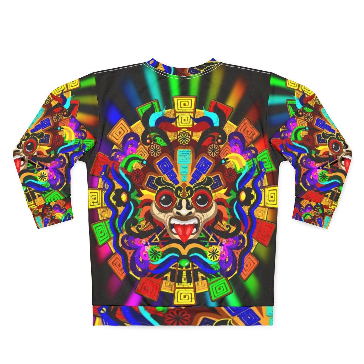 Aztec warrior mask sweatshirt with vibrant rainbow colors - Back