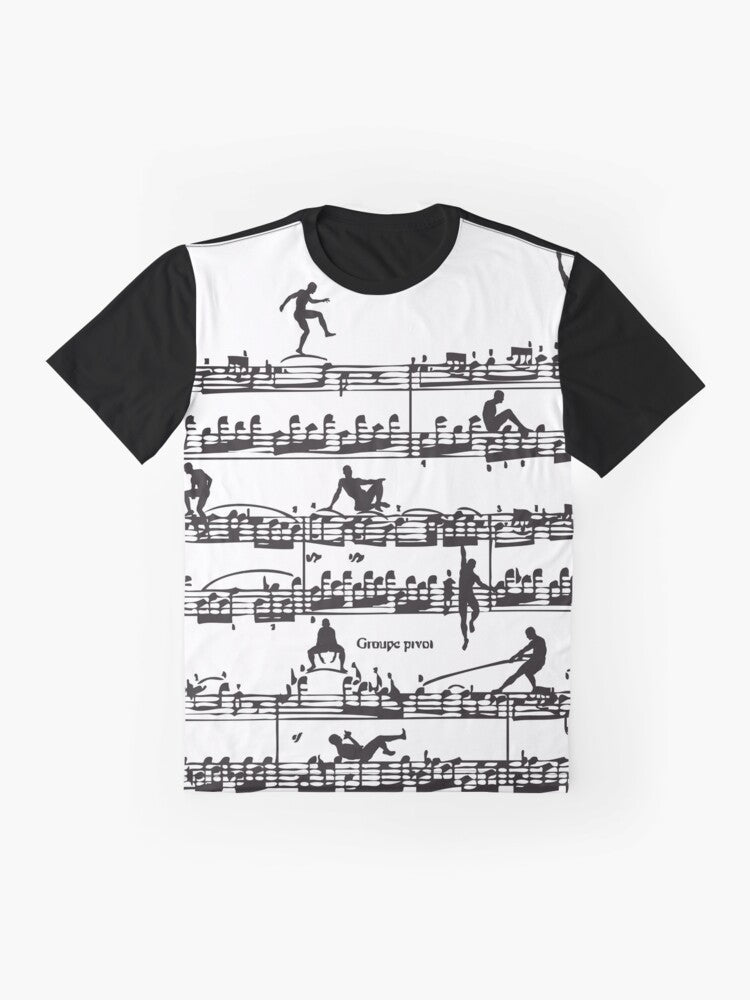 Illustration of Mozart's silhouette with musical notes and instruments on a men's graphic t-shirt - Flat lay