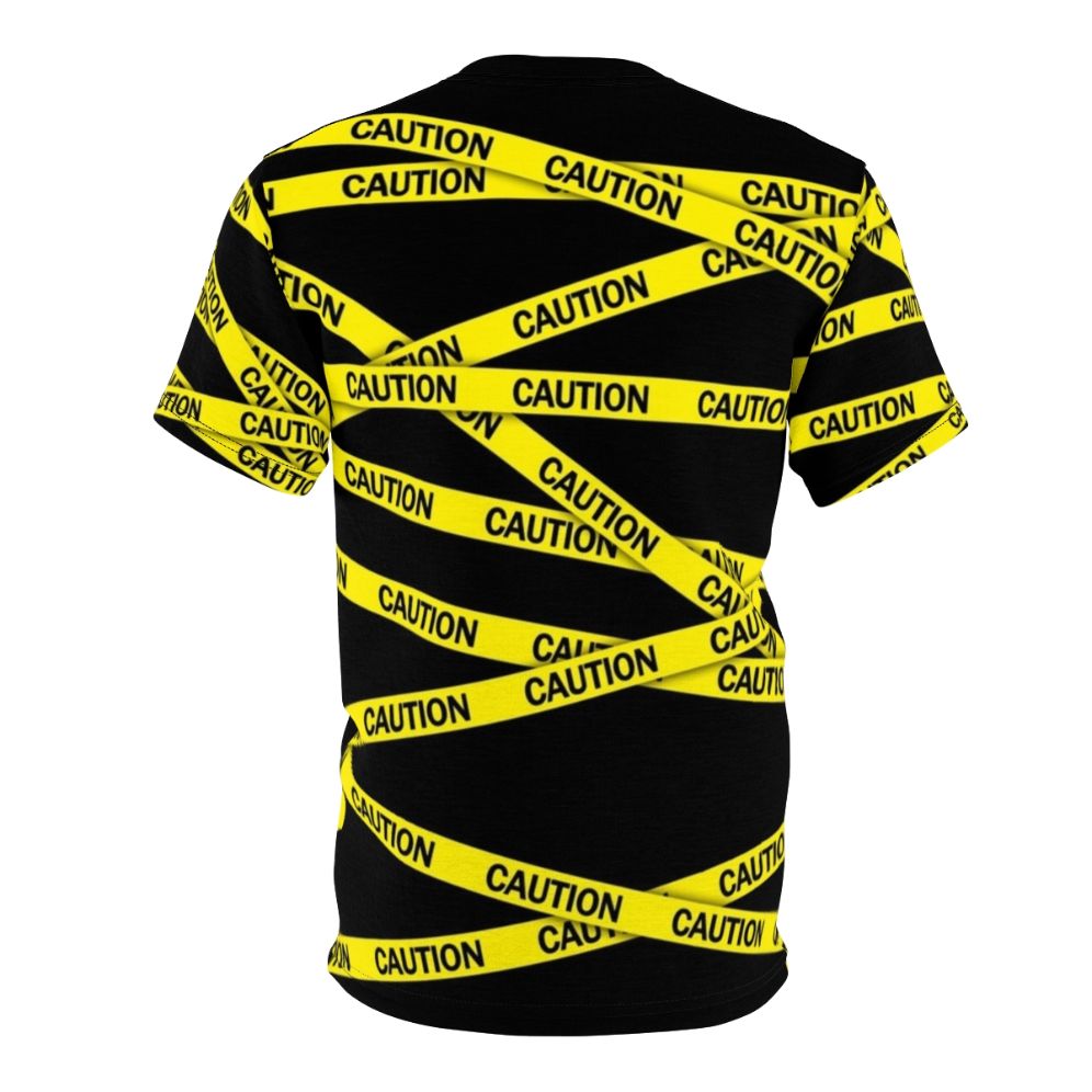 Bright yellow t-shirt with caution tape inspired design, warning and attention graphic - Back