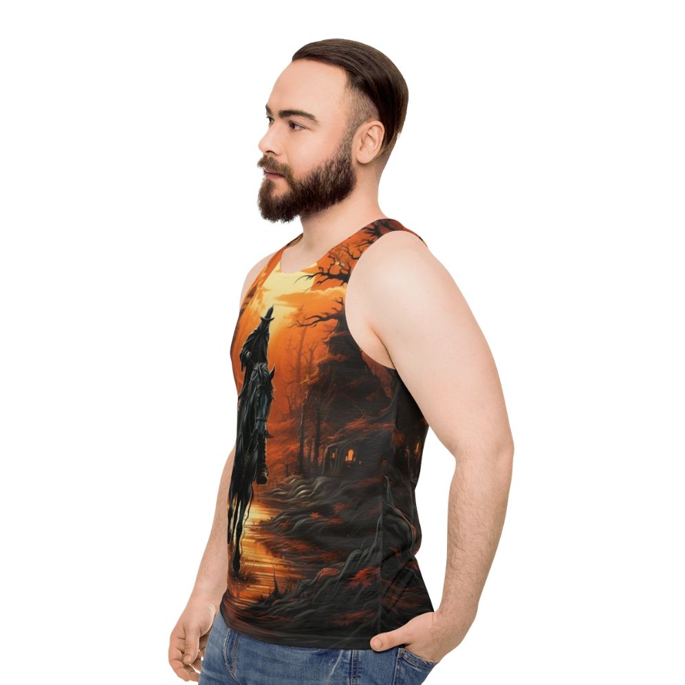 Unisex tank top with ghostly headless horseman design - men side