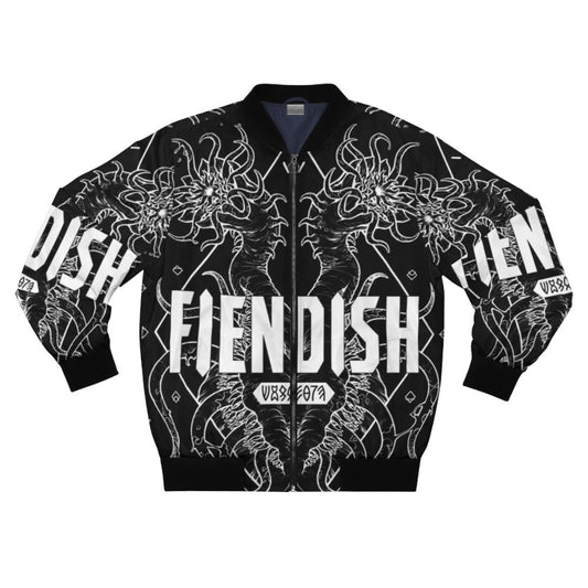 Fiendish bomber jacket with a dark and geometric inspired design, featuring monster and horror elements.