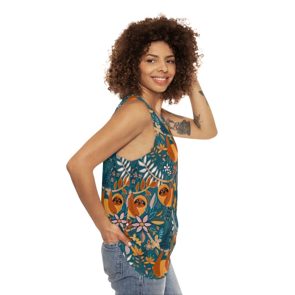 Boho sloth floral teal unisex tank top - women side