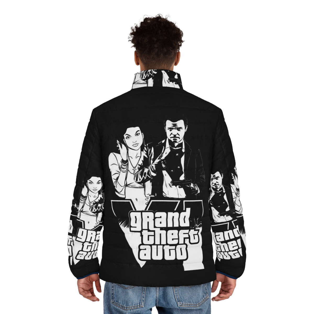 Grand Theft Auto inspired puffer jacket featuring classic gaming graphics and nostalgia - men back