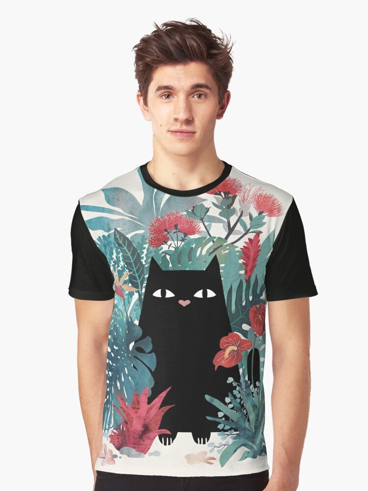 Tropical black cat graphic t-shirt with floral and tropical elements - Men