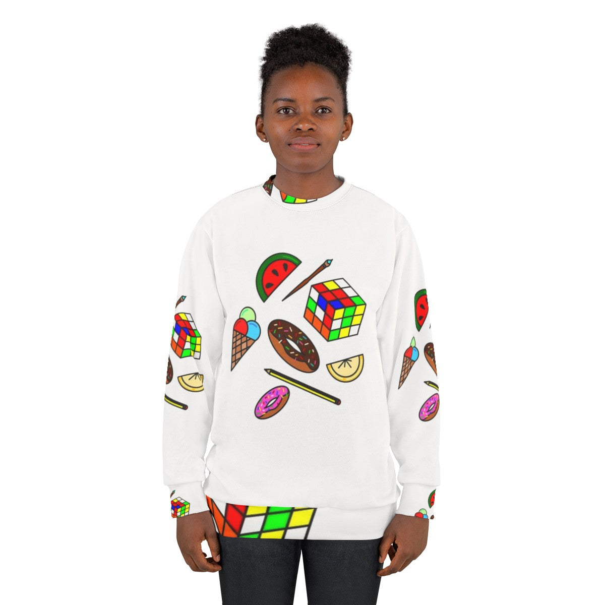 Hobbies and Food Sweatshirt with Colorful Pattern and Doodle Designs - women