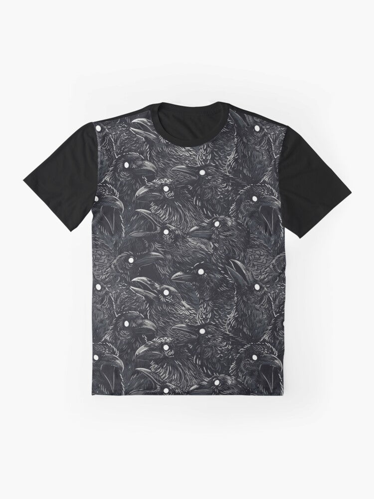 Raven pattern graphic t-shirt with a flock of dark birds and a spooky, gothic design - Flat lay