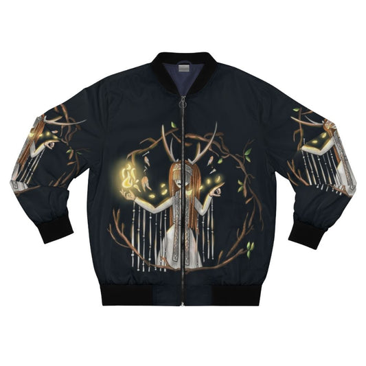 Heilung fanart bomber jacket featuring fantasy elements like fire, nature, and horns