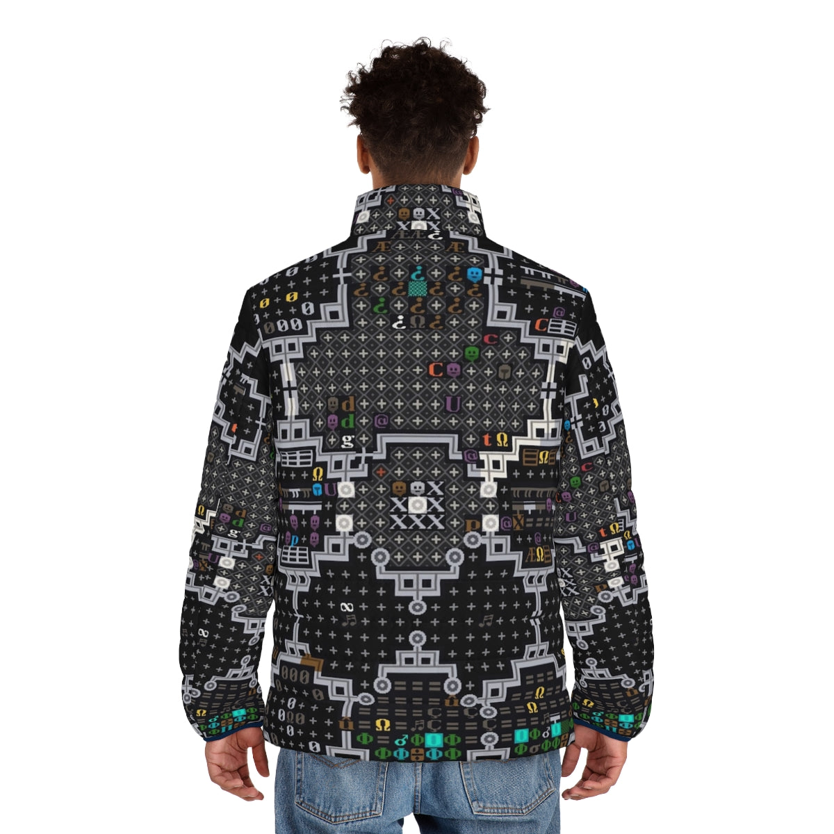 Dwarf Fortress inspired puffer jacket with retro pixel art tiles - men back