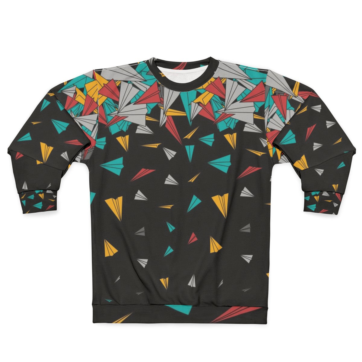 Geometric paper plane design on a colorful sweatshirt