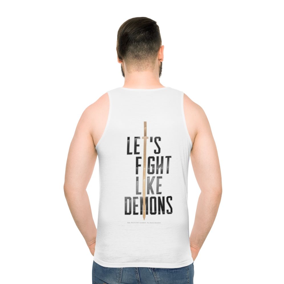 Dune inspired unisex tank top with demons fighting design - men back