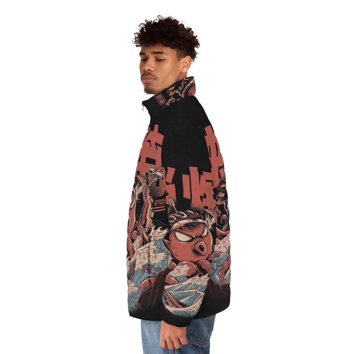 Takoyaki Attack Black Puffer Jacket - Anime Streetwear Japanese Fashion - men side left