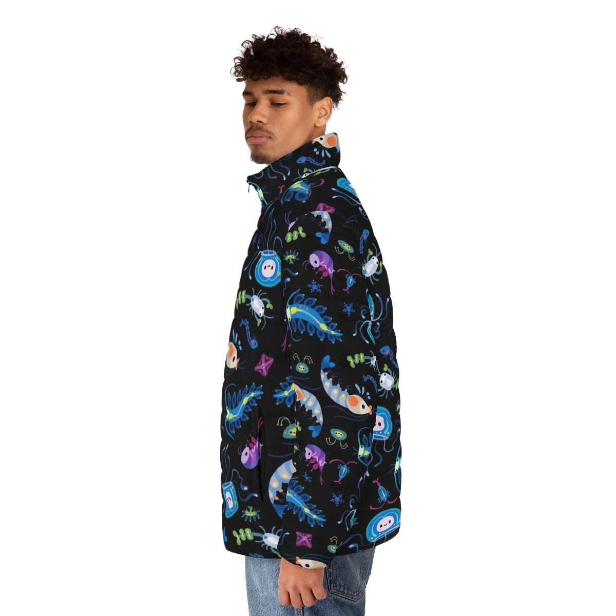 Zooplankton-inspired puffer jacket showcasing the beauty of marine micro-organisms - men side left