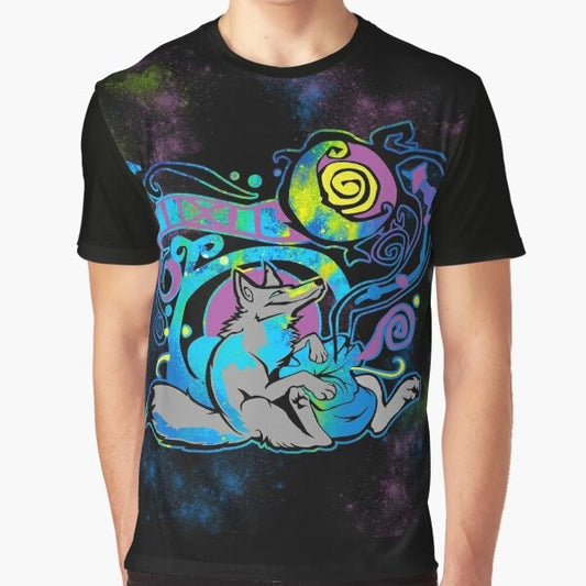 Tribal animal graphic t-shirt with stars, moon, and swirly designs in the style of Zhivago