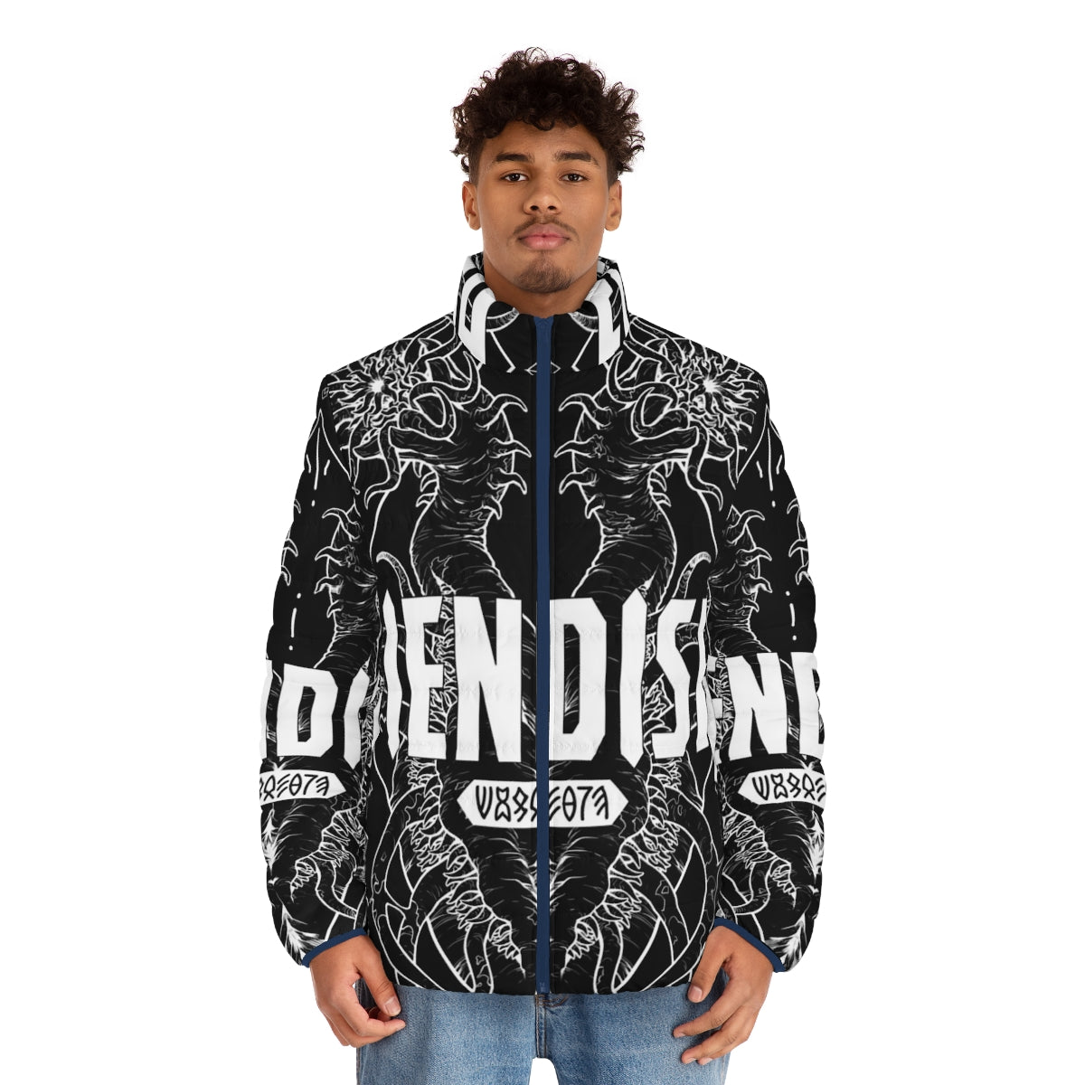 Fiendish Urgastij White Puffer Jacket featuring horror-inspired monster and geometric designs - men front