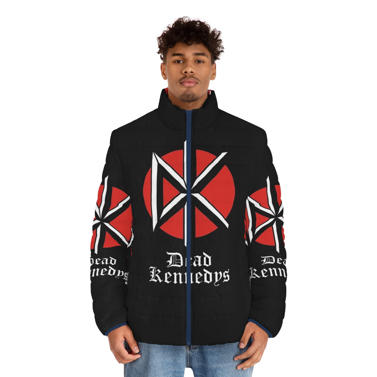 Dead Kennedys Puffer Jacket featuring the band's iconic logo and "Holiday in Cambodia" design - men front