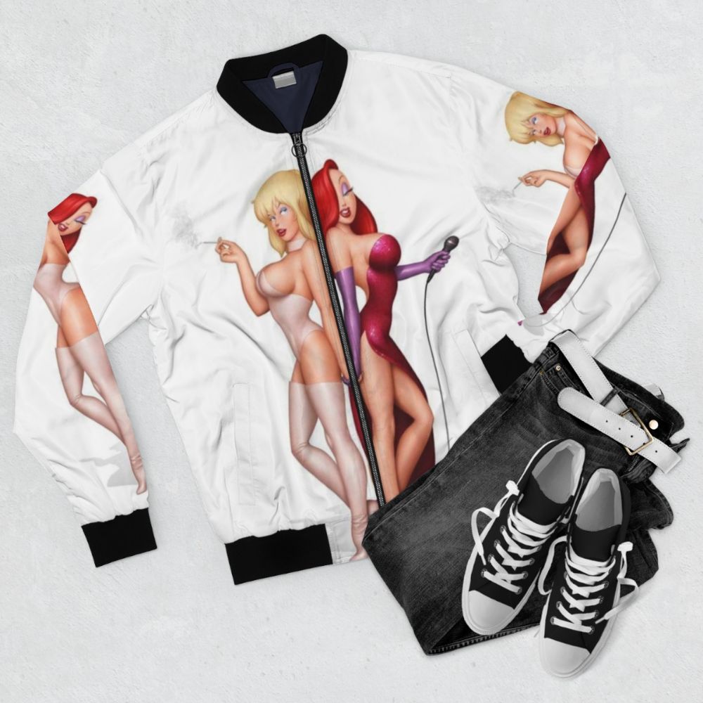 Jessica Rabbit and Holli Wood themed bomber jacket for women and men - Flat lay