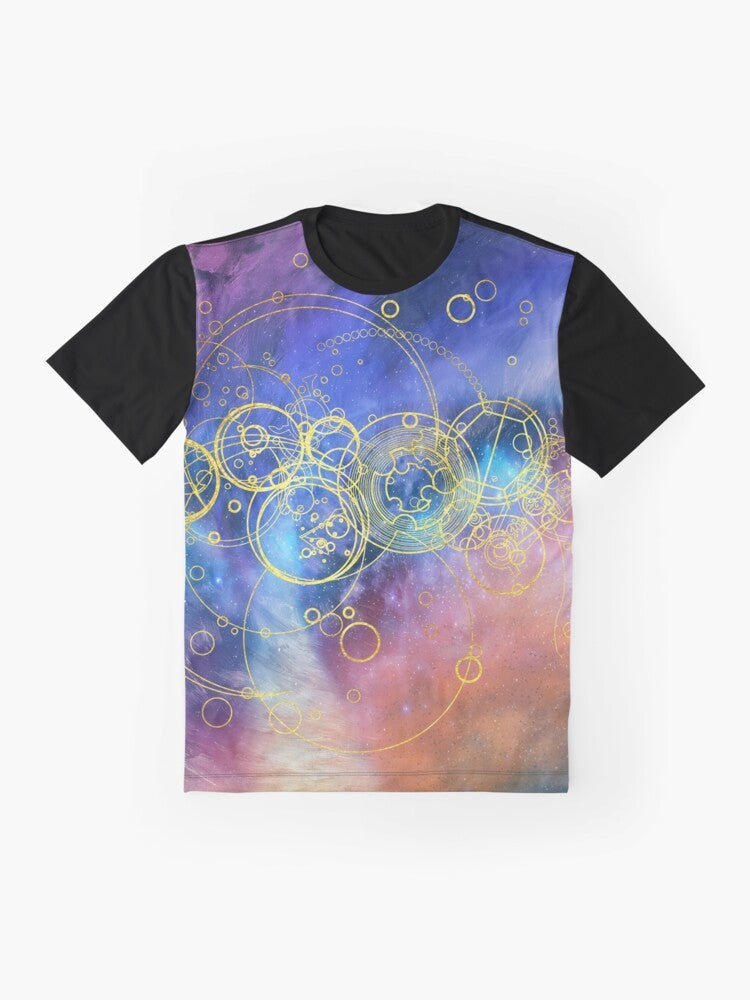 Time Lord graphic t-shirt with vortex hues and Gallifreyan design - Flat lay