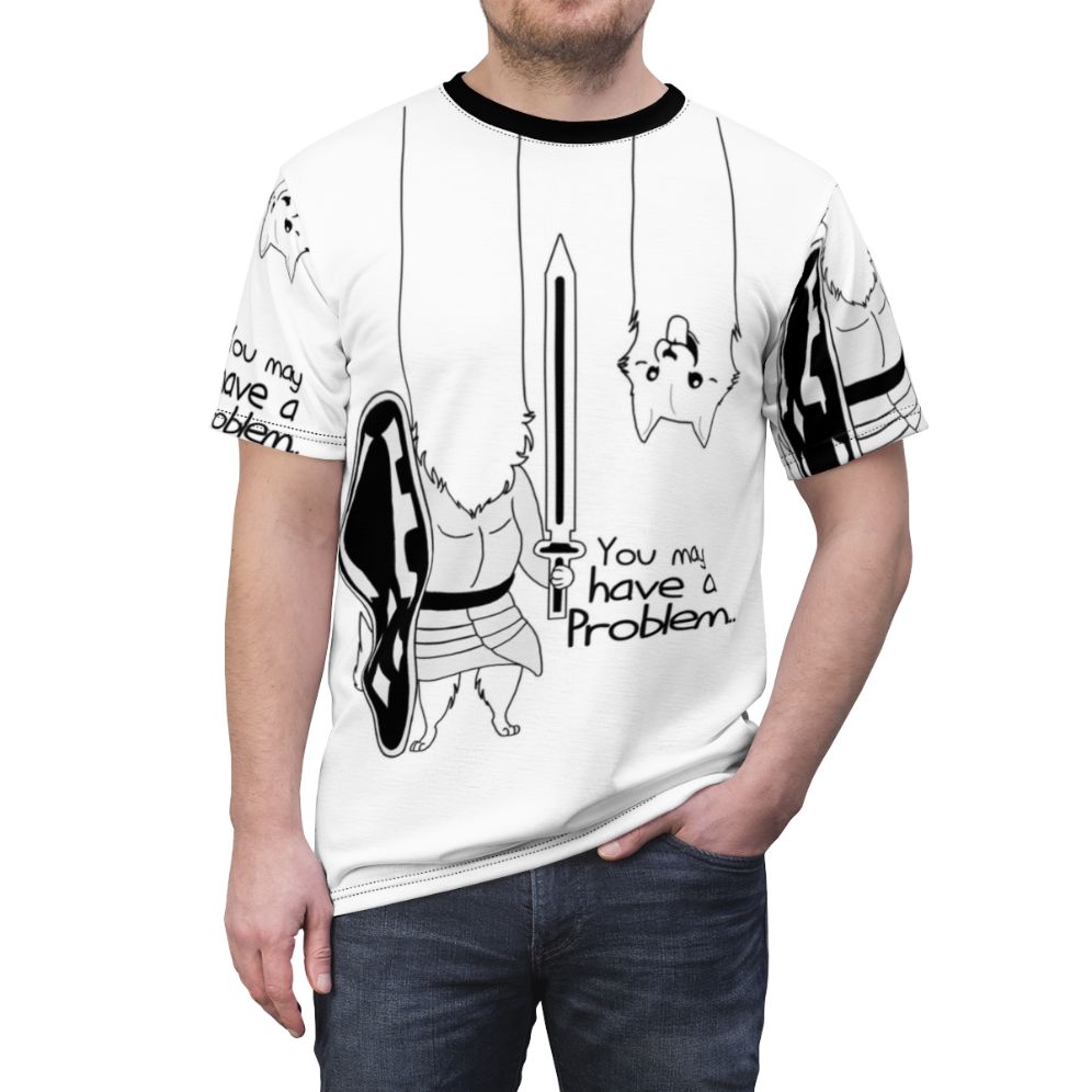 Stylish problem-solving dog lover's AOP t-shirt design featuring a sword and undertale-inspired elements - men front