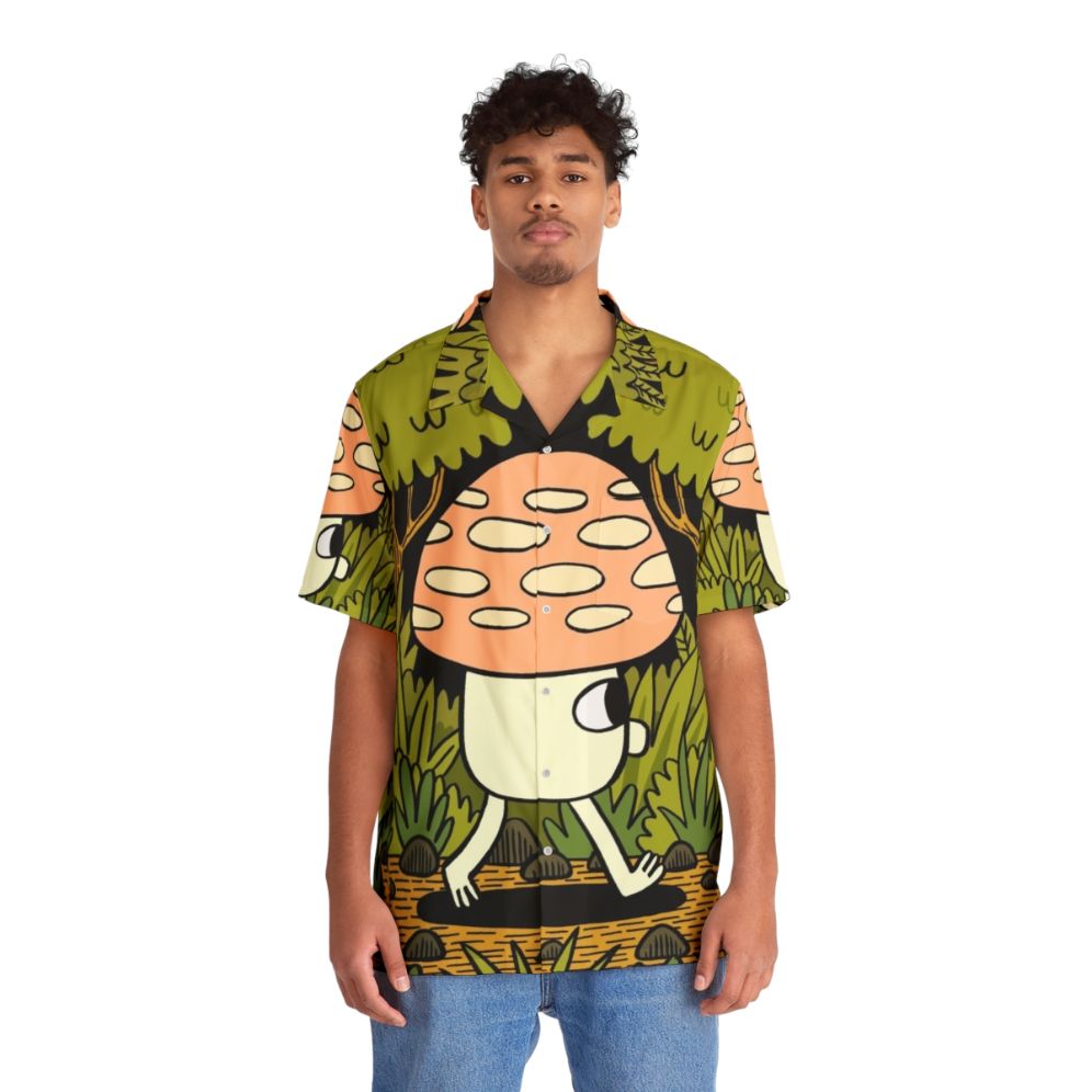 Whimsical Hawaiian shirt with mushroom and nature print design - People Front