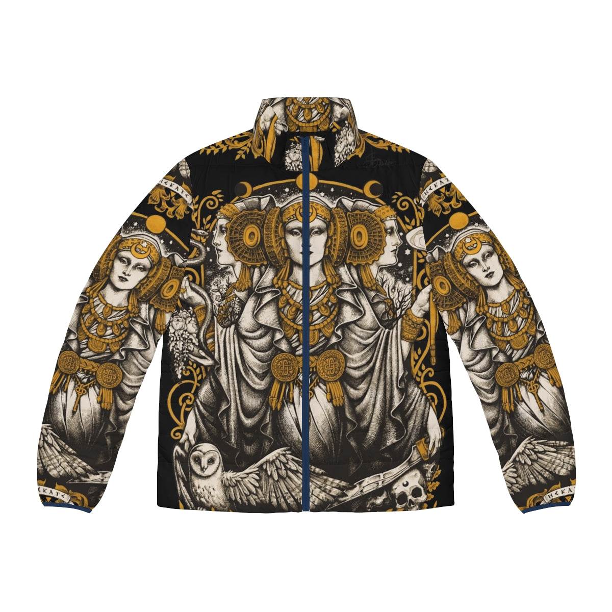 Iberian Hecate Puffer Jacket - Enchanting winter outerwear featuring the legendary Lady of Elche