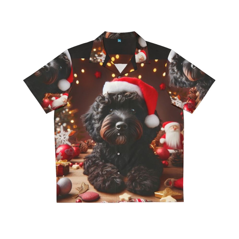 Black Cockapoo wearing a Santa hat on a Christmas Hawaiian Shirt