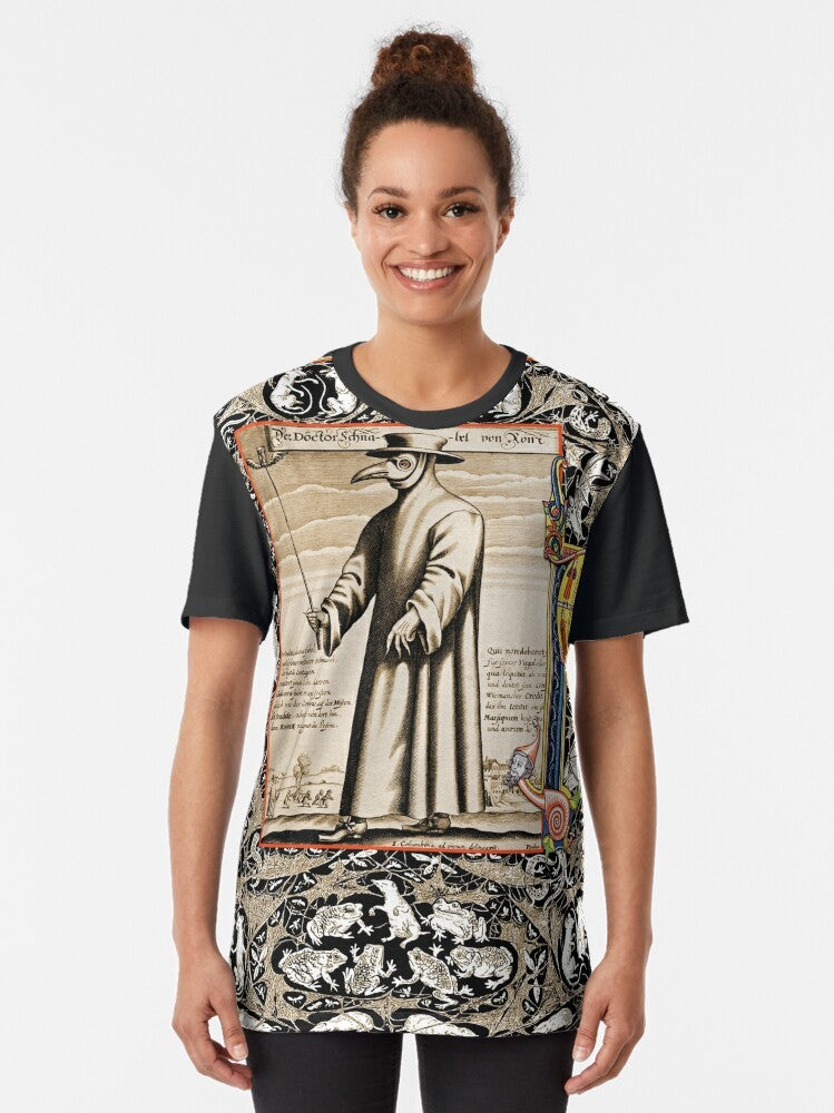 Plague doctor graphic t-shirt with medieval, gothic, and horror design elements - Women