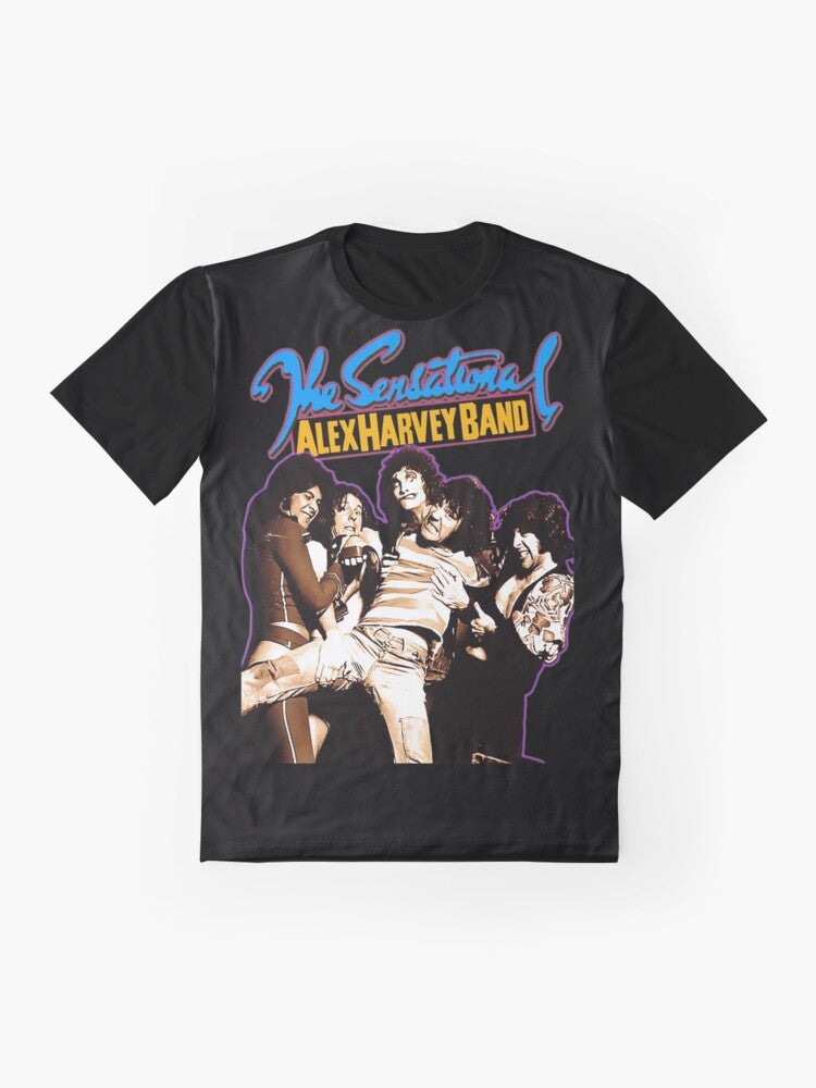 The Sensational Alex Harvey Band cat graphic t-shirt with Scottish band logo and cat illustration - Flat lay