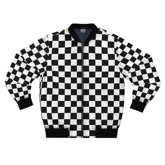 A modern, minimalist black and white checkerboard pattern bomber jacket