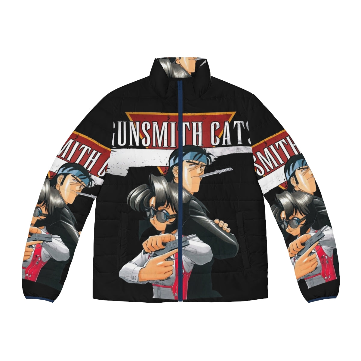 Vintage Gunsmith Cats anime puffer jacket with 90s Japanese manga inspired design